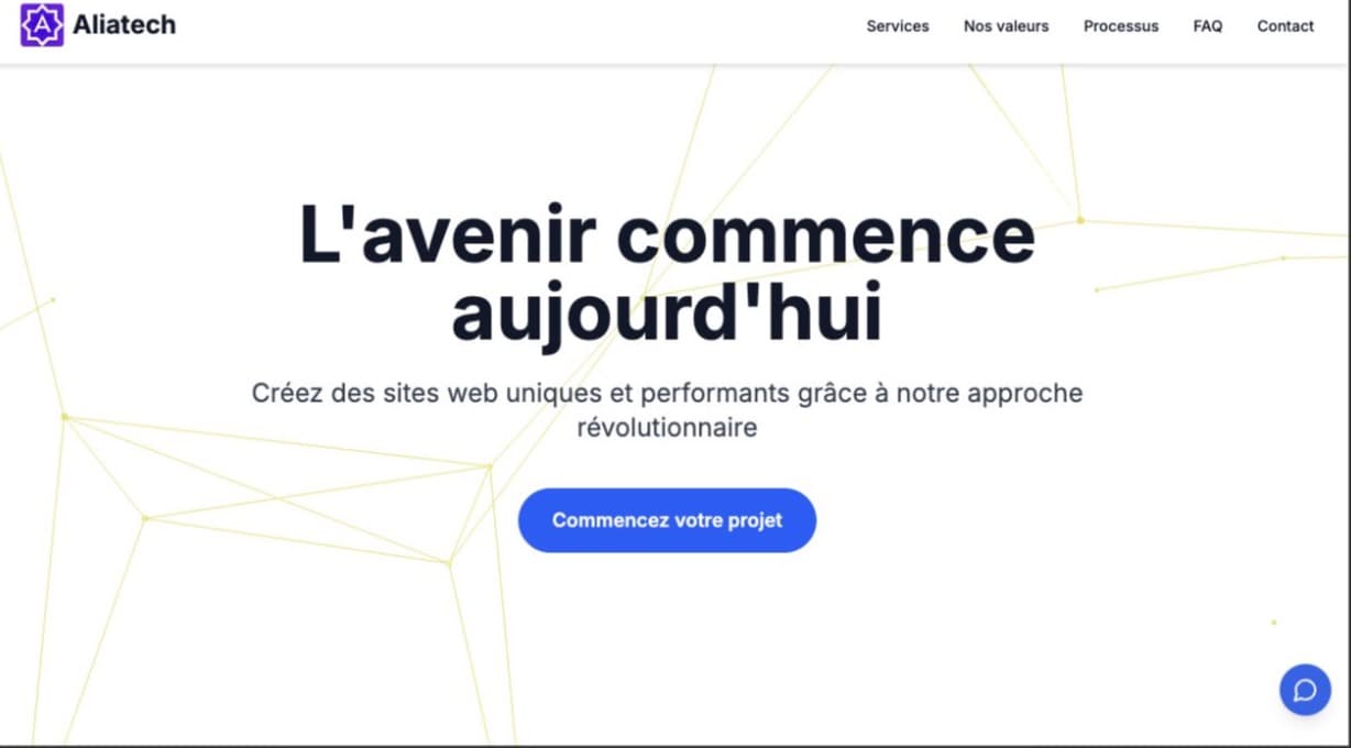 Page d’accueil claire d’Aliatech avec navigation, proposition de création de sites web et appel à démarrer un projet.