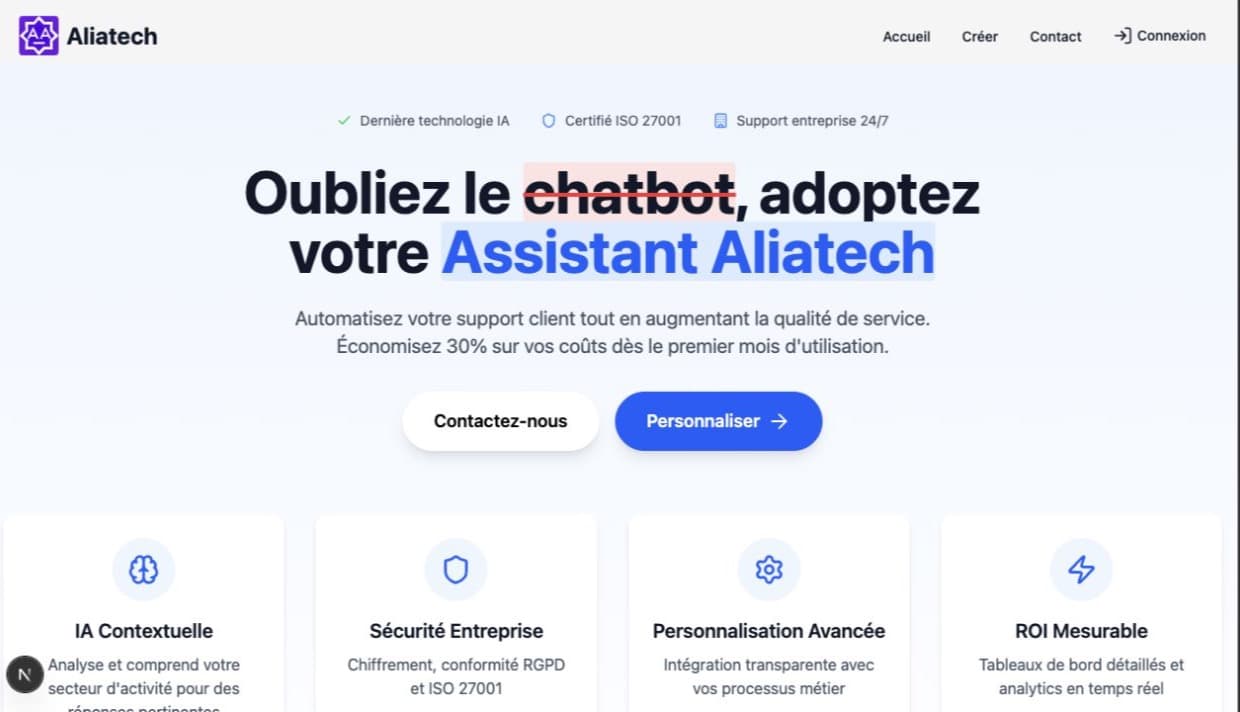Page d’accueil d’Assistant Aliatech présentant personnalisation, sécurité, analyse contextuelle et tableaux de bord.