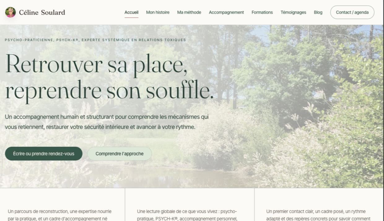 Page d’accueil de Céline Soulard avec navigation, présentation de l’accompagnement et appels au contact sur un paysage arboré.
