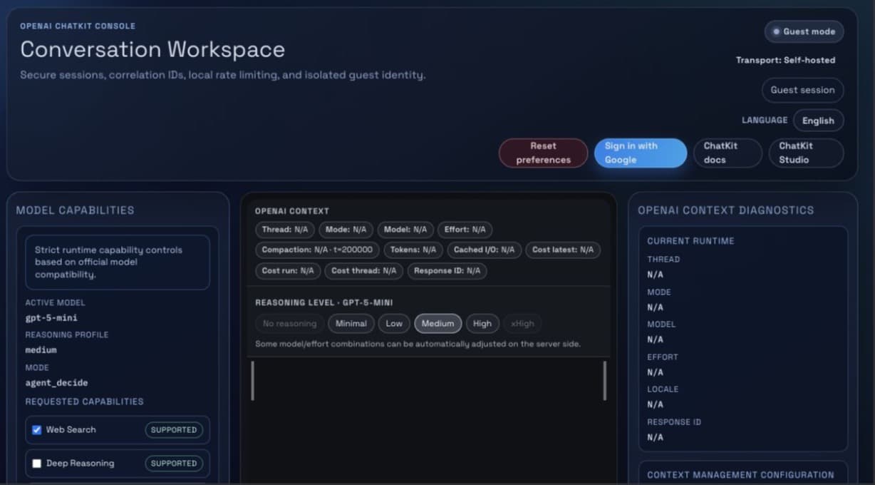 Console Formiq en mode invité avec espace de conversation, réglages de modèle, capacités et diagnostics de contexte.