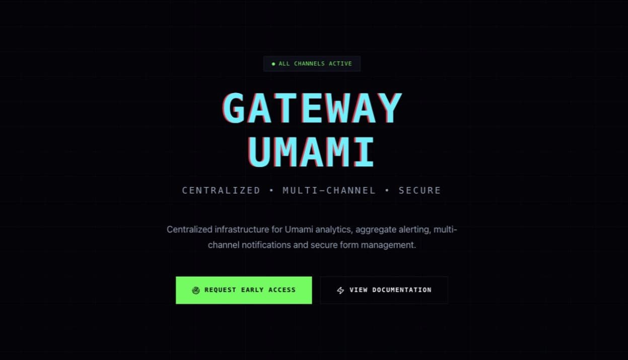 Page d’accueil sombre de Gateway Umami présentant une infrastructure centralisée pour analytics, alertes et formulaires.