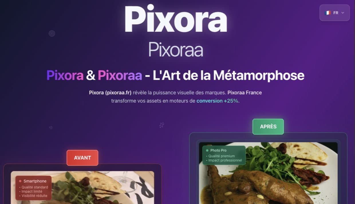 Page d’accueil violette de Pixoraa présentant une comparaison visuelle avant et après traitement d’une photographie culinaire.
