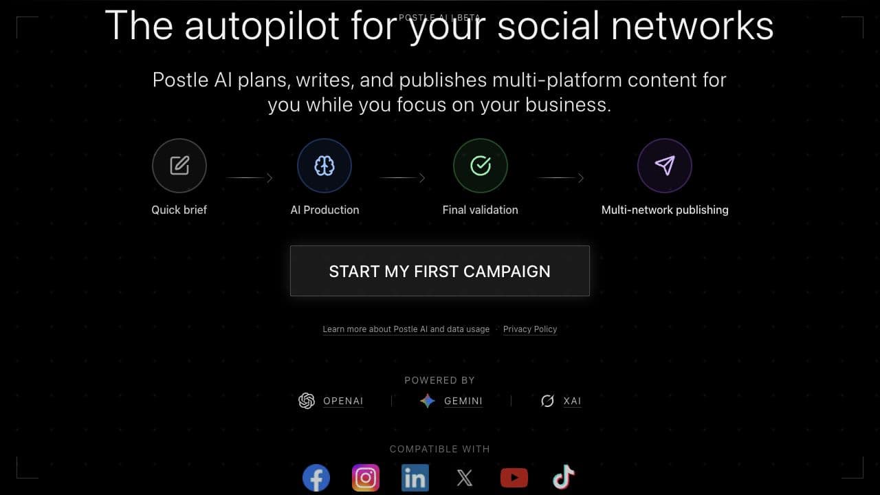 Page de Postle AI montrant le parcours de création de contenu, du brief à la publication sur plusieurs réseaux sociaux.