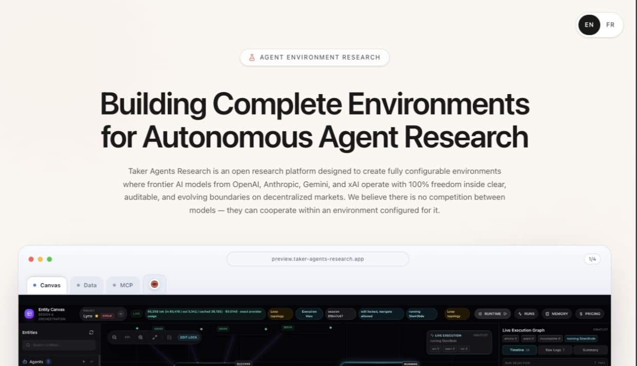 Page de Taker Agents Research présentant un environnement configurable pour agents IA et un aperçu de son canevas d’exécution.